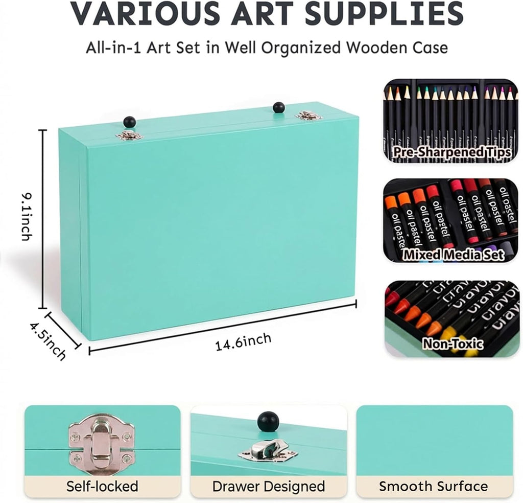 175-Pack Deluxe Wooden Art Set Drawing Painting Kit with 2 Drawing Pads, Acrylic Paints, Colored Pencils, Crayons, Paint Brush, Art Kit in Wooden Case, Gift for Artist, Adults, Teens and Kids