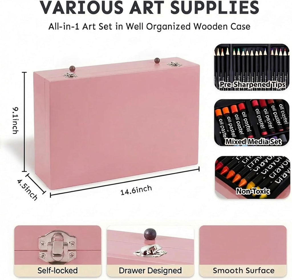 175-Pack Deluxe Wooden Art Set Drawing Painting Kit with 2 Drawing Pads, Acrylic Paints, Colored Pencils, Crayons, Paint Brush, Art Kit in Wooden Case, Gift for Artist, Adults, Teens and Kids