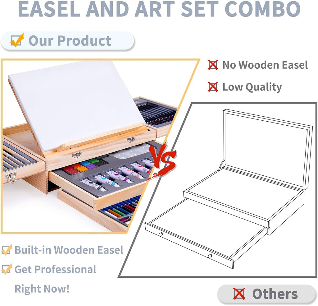 TMOL 85 Piece Deluxe Wooden Art Supplies, Art Kit with Easel, Sketching Pencils, Artist Brushes and Acrylic Pad, Art Set for Teens, Adults and Artist Beginners, Creative Gift with Wooden Case