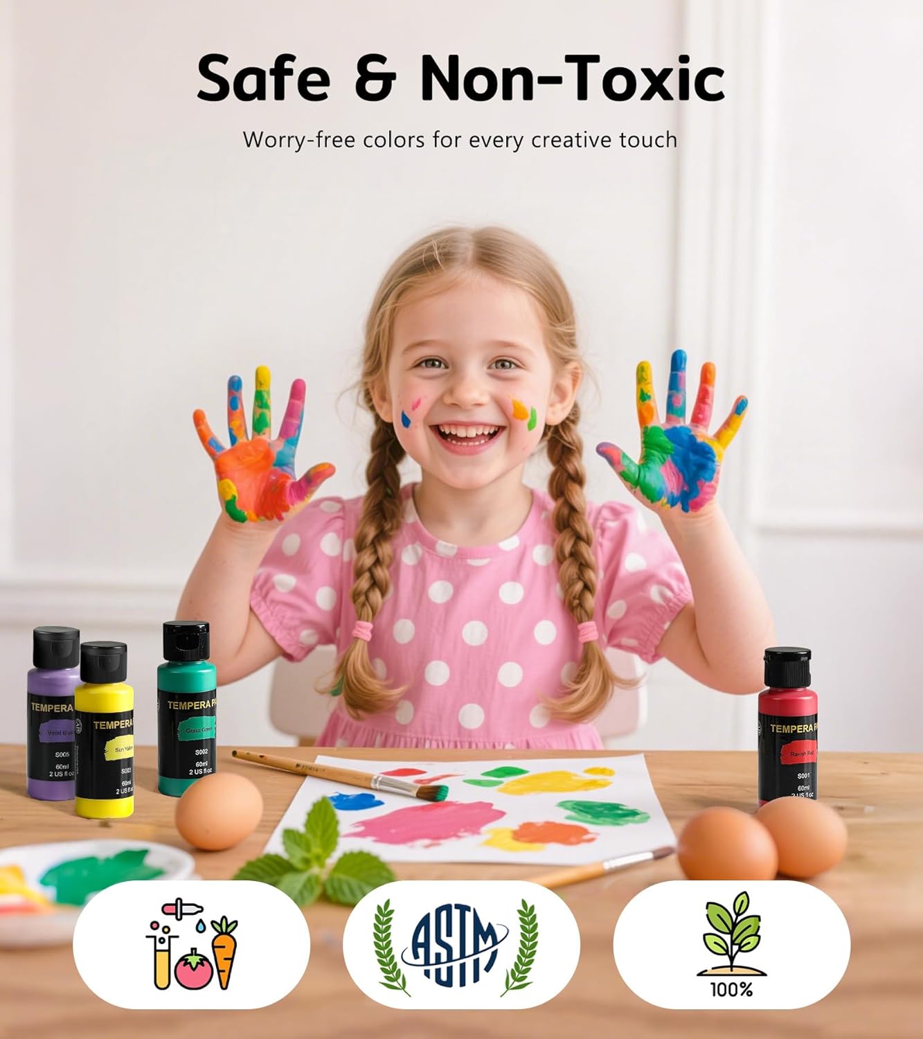 TMOL Washable Paint for Kids 12 Colors, Non-Toxic, Safe & Washable for Toddlers, Tempera Paint with Brushes, Palette & Bucket, School Project Art Supplies
