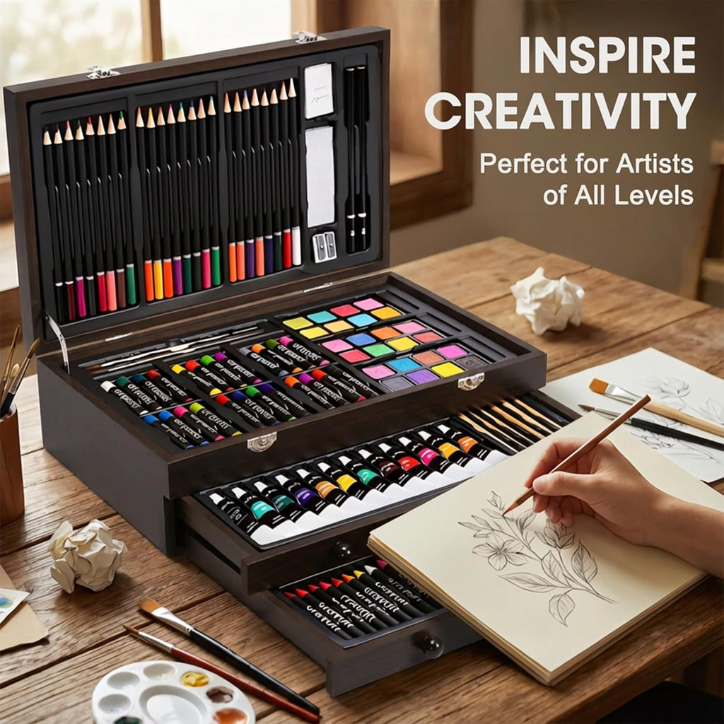 175-Pack Deluxe Wooden Art Set Drawing Painting Kit with 2 Drawing Pads, Acrylic Paints, Colored Pencils, Crayons, Paint Brush, Art Kit in Wooden Case, Gift for Artist, Adults, Teens and Kids