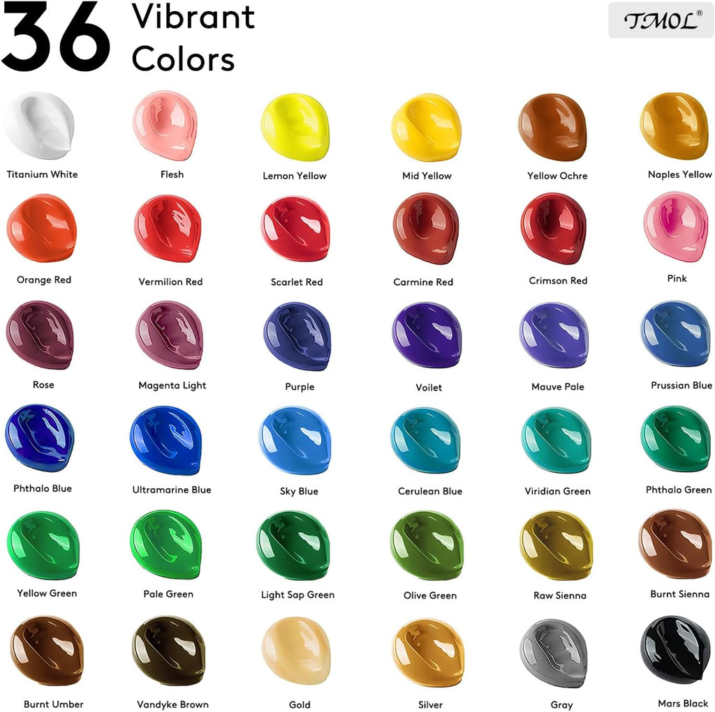 Acrylic Paint Set with 12 Art Brushes, 36 Colors (2 oz/Bottle) Acrylic Paint for Painting Canvas, Wood, Ceramic and Fabric, Paint Set for Beginners, Students and Professional Artist, Rich Pigments
