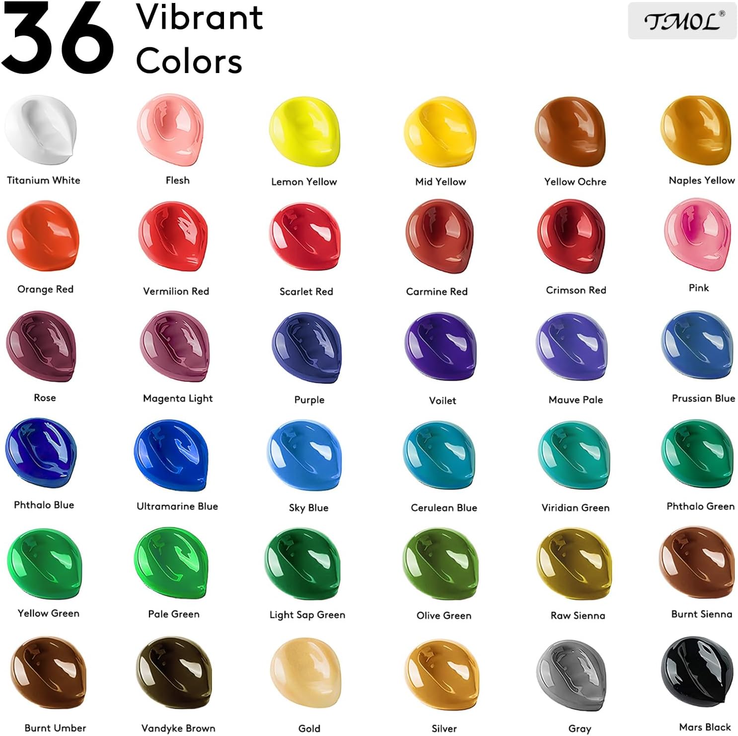 Acrylic Paint Set with 12 Art Brushes, 36 Colors (2 oz/Bottle) Acrylic Paint for Painting Canvas, Wood, Ceramic and Fabric, Paint Set for Beginners, Students and Professional Artist, Rich Pigments