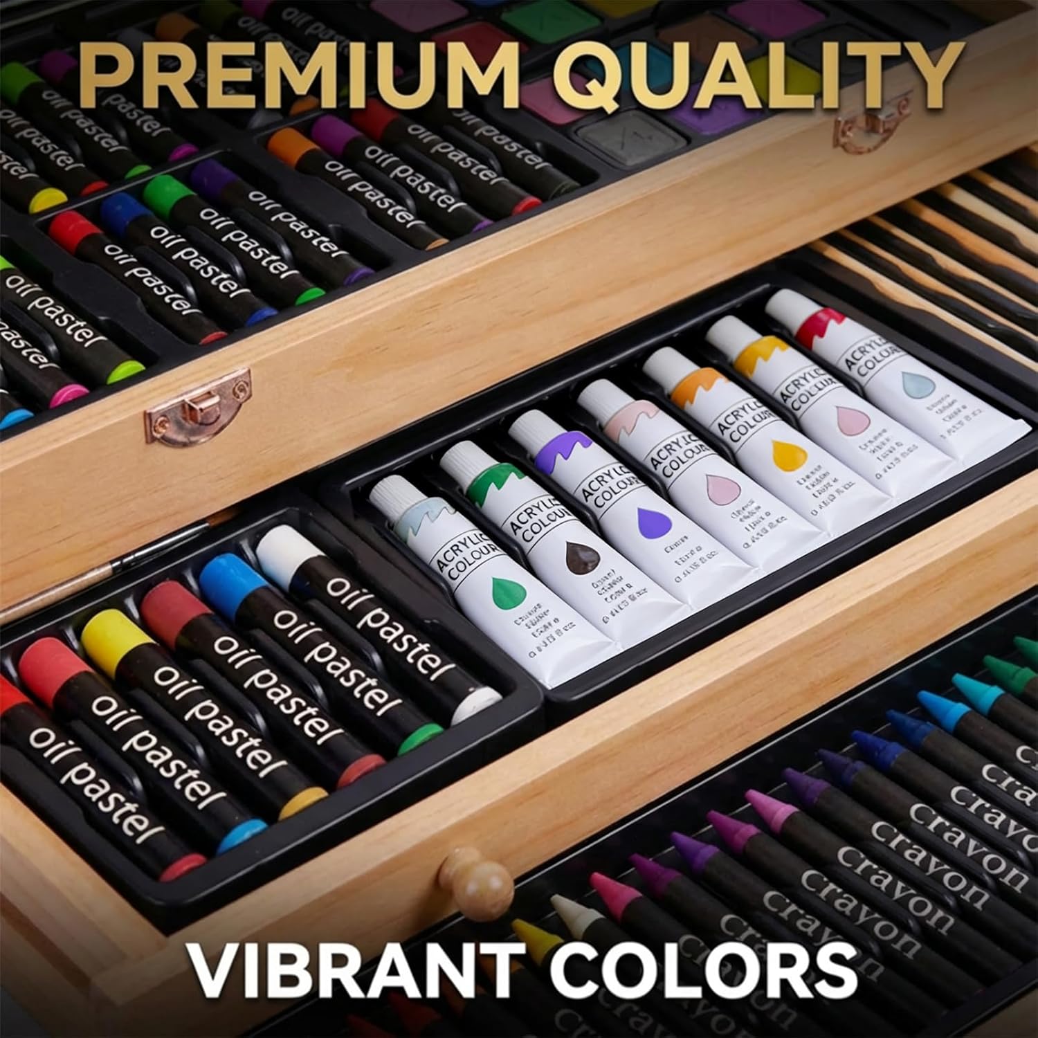 175-Pack Deluxe Wooden Art Set Drawing Painting Kit with 2 Drawing Pads, Acrylic Paints, Colored Pencils, Crayons, Paint Brush, Art Kit in Wooden Case, Gift for Artist, Adults, Teens and Kids