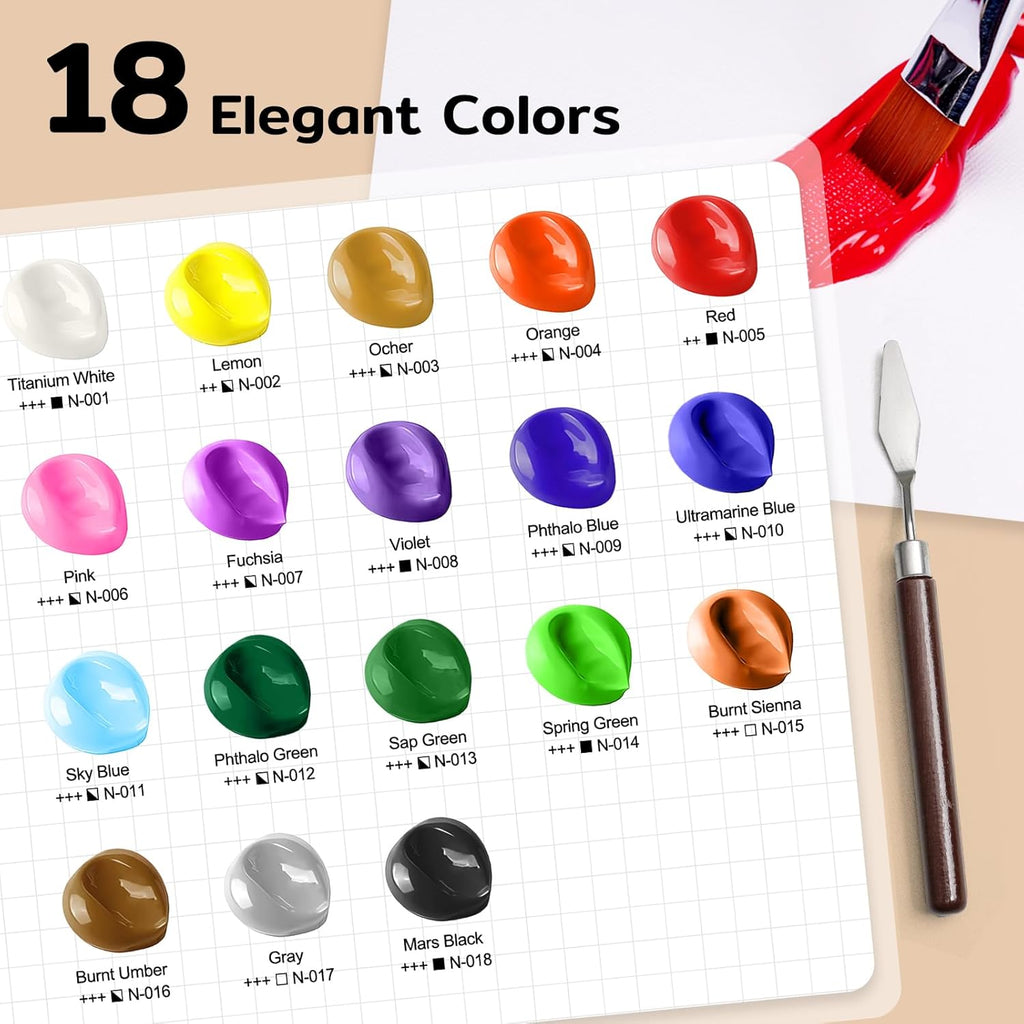 TMOL 18 Colors Acrylic Paint Set (250 ml/8.45 oz Large Bottles), Non-Toxic for Kids & Adults, Acrylic Paint Bulk on Wood, Glass, Ceramic, Art Painting Supplies with Palette Knife & Art Sponge