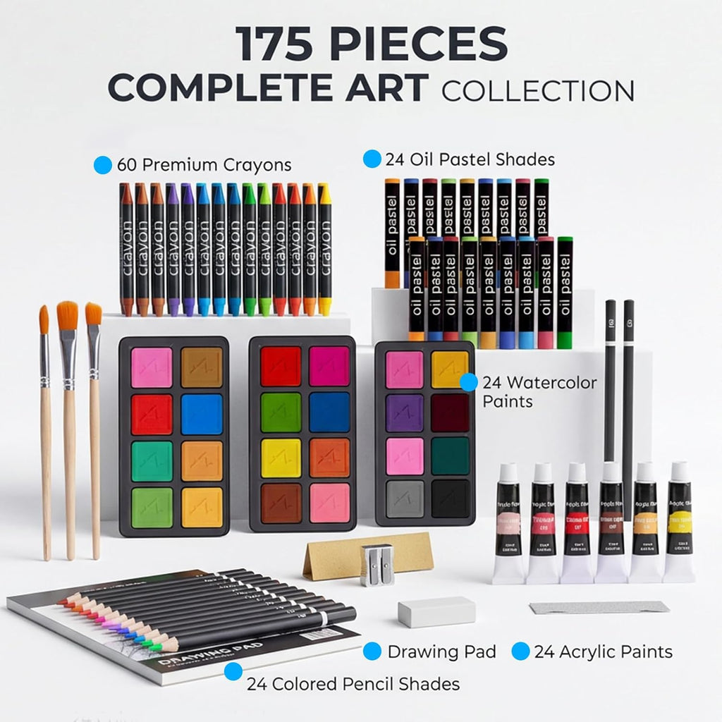 175 Piece Deluxe Art Set with 2 Drawing Pads, Acrylic Paints, Crayons, Colored Pencils, Paint Set in Wooden Case, Professional Art Kit, Art Supplies for Adults, Teens and Artist, Paint Supplies