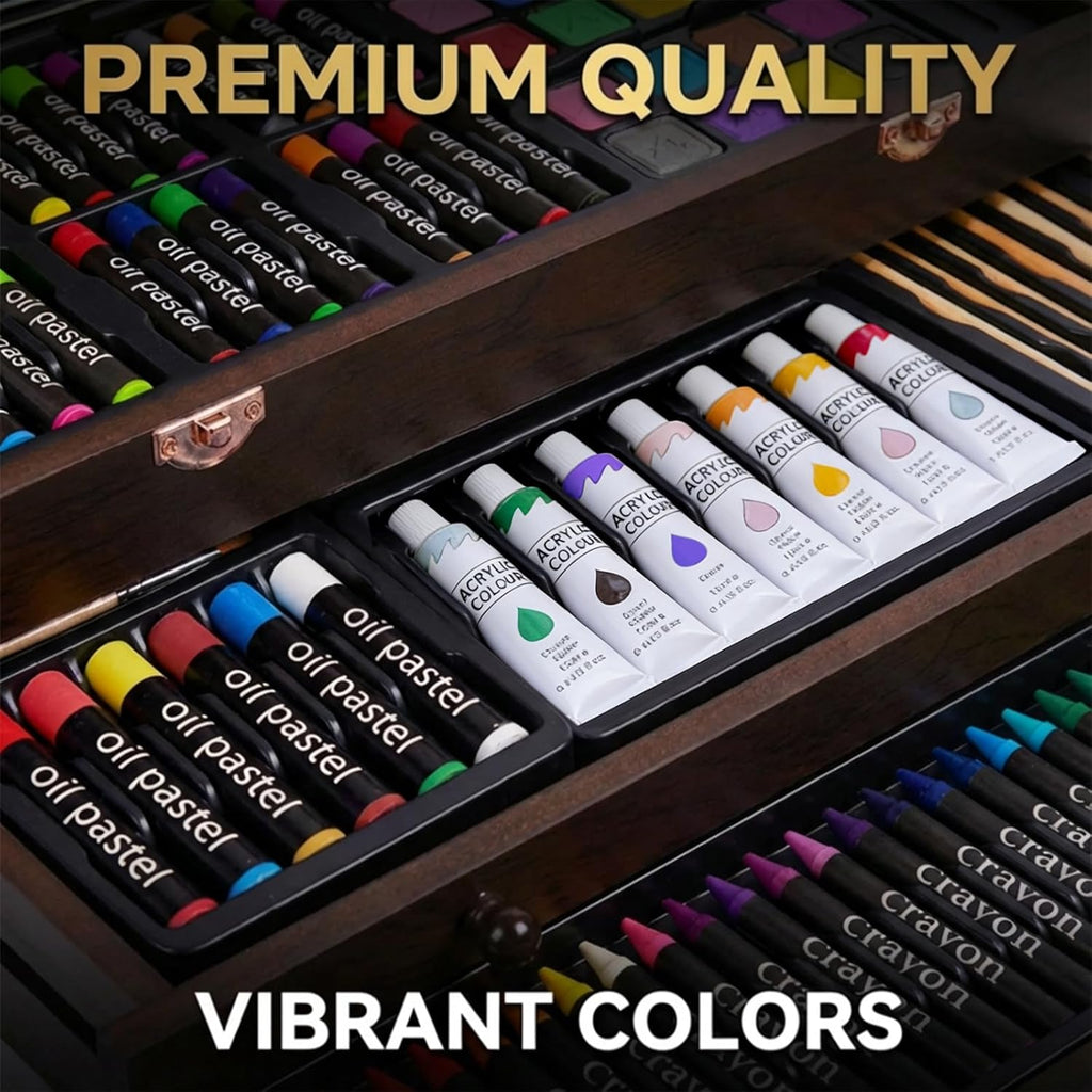 175-Pack Deluxe Wooden Art Set Drawing Painting Kit with 2 Drawing Pads, Acrylic Paints, Colored Pencils, Crayons, Paint Brush, Art Kit in Wooden Case, Gift for Artist, Adults, Teens and Kids