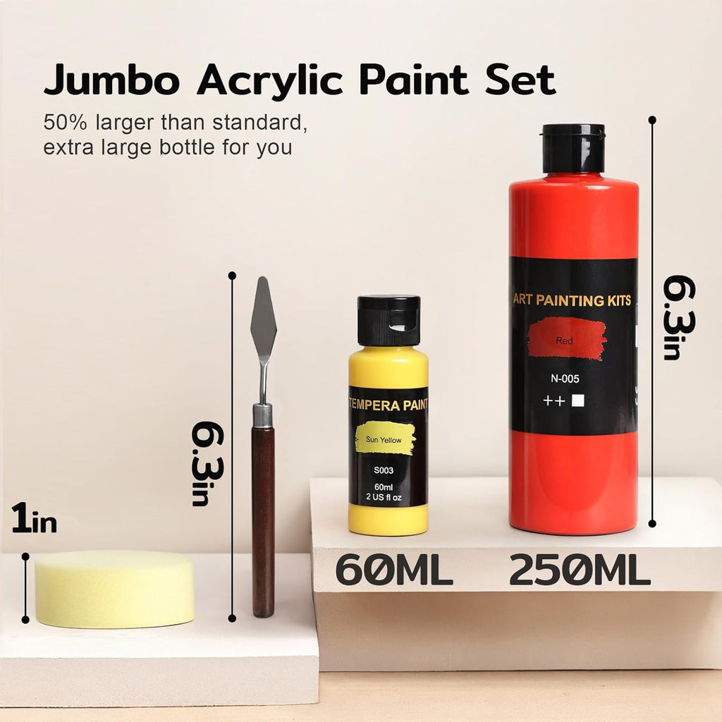 TMOL 18 Colors Acrylic Paint Set (250 ml/8.45 oz Large Bottles), Non-Toxic for Kids & Adults, Acrylic Paint Bulk on Wood, Glass, Ceramic, Art Painting Supplies with Palette Knife & Art Sponge