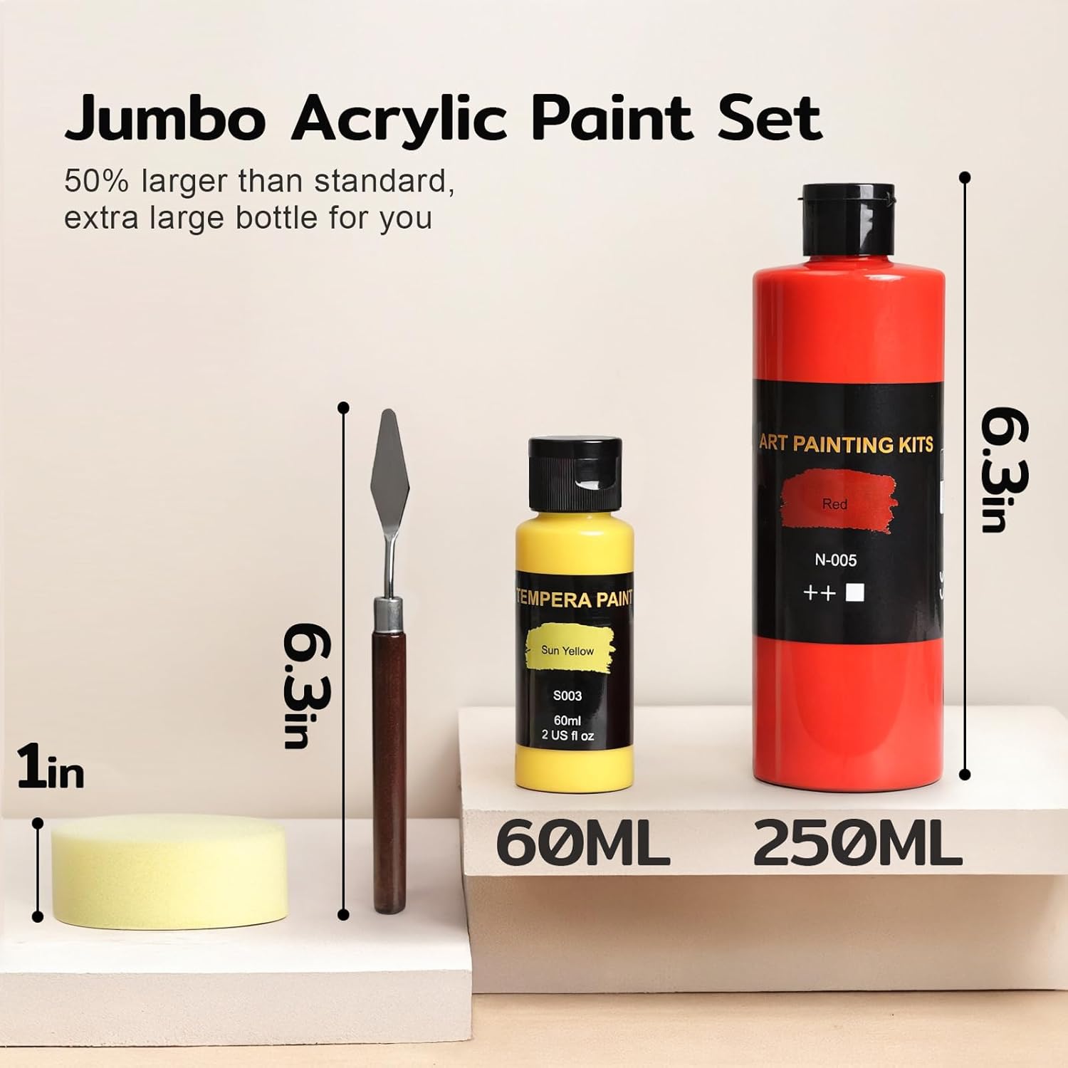 TMOL 18 Colors Acrylic Paint Set (250 ml/8.45 oz Large Bottles), Non-Toxic for Kids & Adults, Acrylic Paint Bulk on Wood, Glass, Ceramic, Art Painting Supplies with Palette Knife & Art Sponge