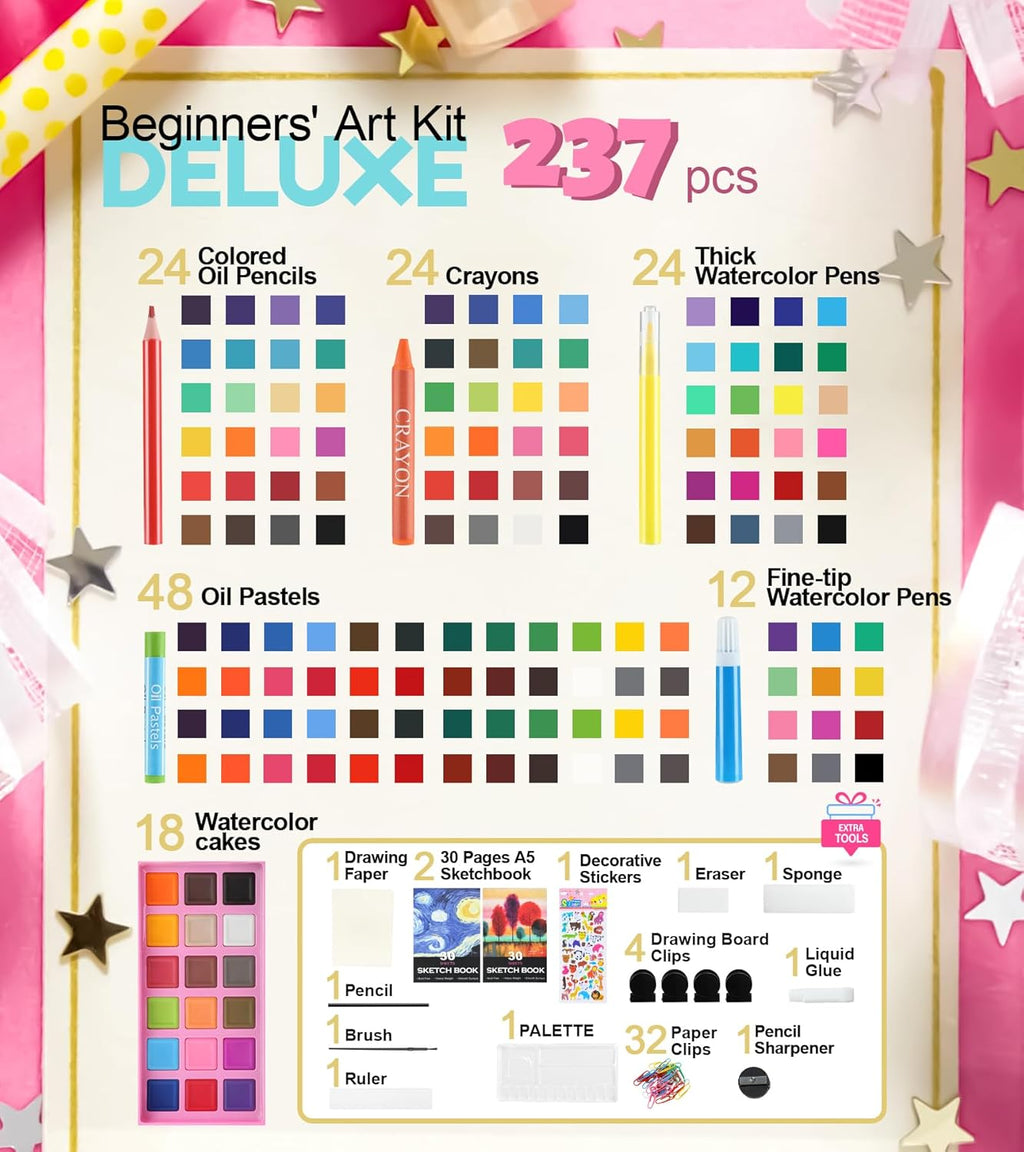 TMOL 237-Piece Kids Art Set with Double-Sided Easel, Watercolor, Oil Pastels, Painting Kits for Kids Ages 4-8, Art Supplies for Girls & Boys, Drawing Sets, Gift for Young Artists-Pink