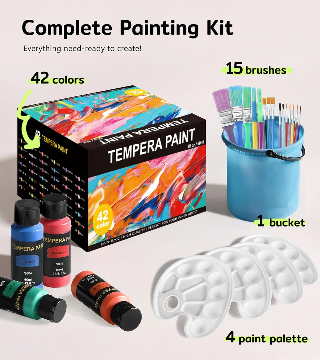TMOL Washable Paint for Kids 42 Colors,Non-Toxic, Safe & Washable for Toddlers, Tempera Paint with Brushes, Palette & Bucket, School Project Art Supplies
