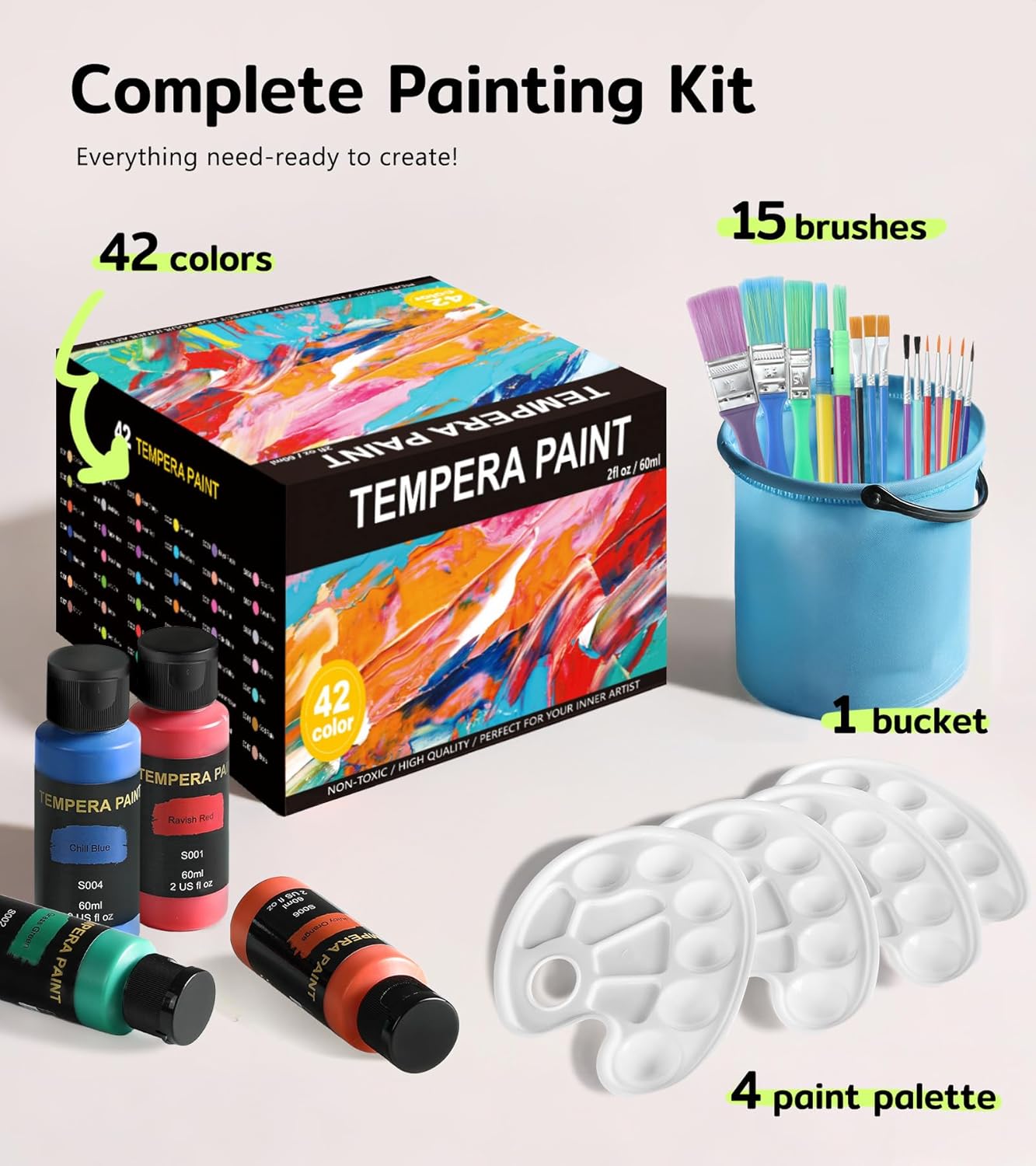 TMOL Washable Paint for Kids 42 Colors,Non-Toxic, Safe & Washable for Toddlers, Tempera Paint with Brushes, Palette & Bucket, School Project Art Supplies