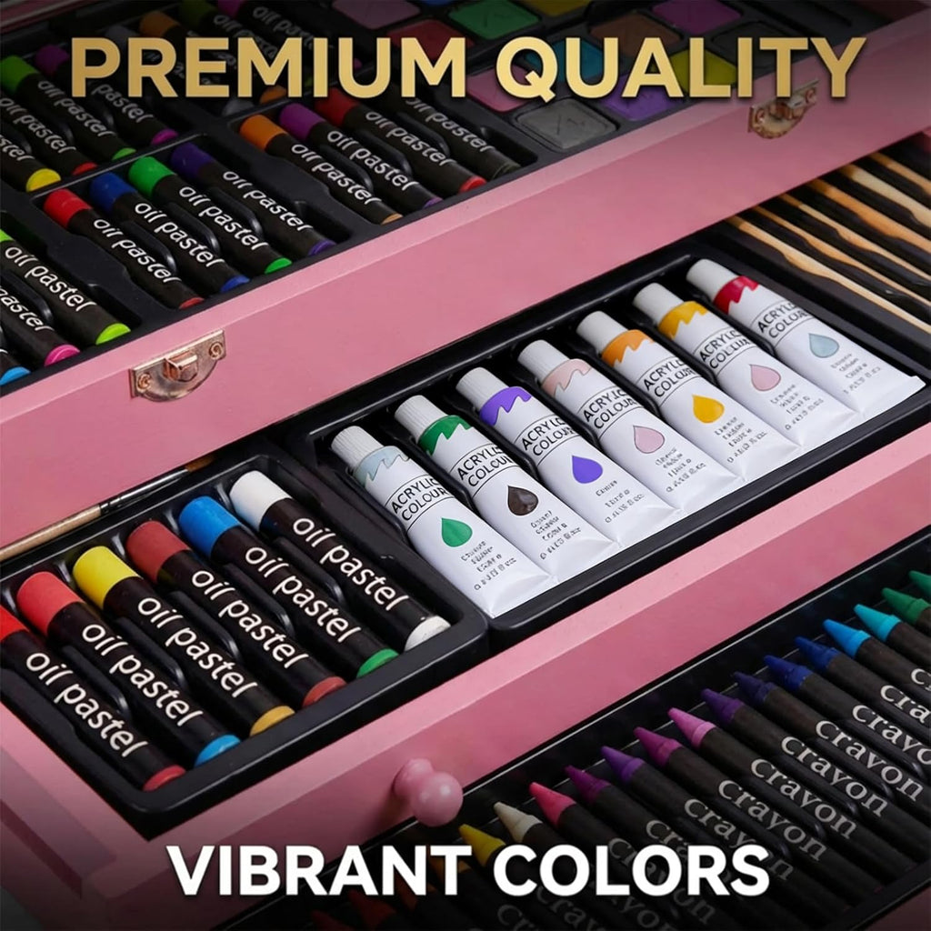 175-Pack Deluxe Wooden Art Set Drawing Painting Kit with 2 Drawing Pads, Acrylic Paints, Colored Pencils, Crayons, Paint Brush, Art Kit in Wooden Case, Gift for Artist, Adults, Teens and Kids