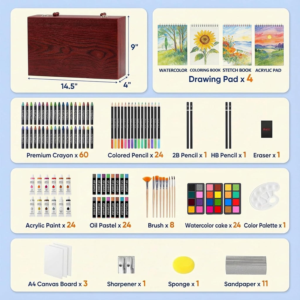 194 Piece Deluxe Art Set, Painting Drawing Art Supplies with 4 Drawing Pads, Acrylic Paints, Crayons, Colored Pencils Set in Wooden Case, Art Kit Gift Box for Kids, Teens, Adults, Artists, Beginners