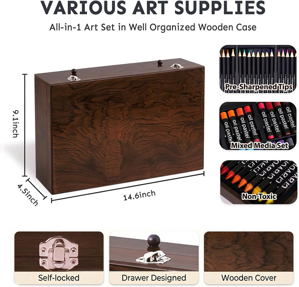 175-Pack Deluxe Wooden Art Set Drawing Painting Kit with 2 Drawing Pads, Acrylic Paints, Colored Pencils, Crayons, Paint Brush, Art Kit in Wooden Case, Gift for Artist, Adults, Teens and Kids