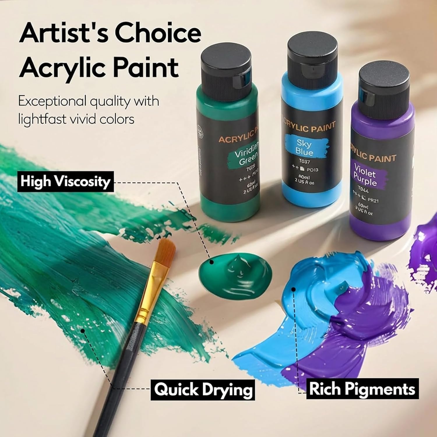 Acrylic Paint Set with 12 Art Brushes, 36 Colors (2 oz/Bottle) Acrylic Paint for Painting Canvas, Wood, Ceramic and Fabric, Paint Set for Beginners, Students and Professional Artist, Rich Pigments