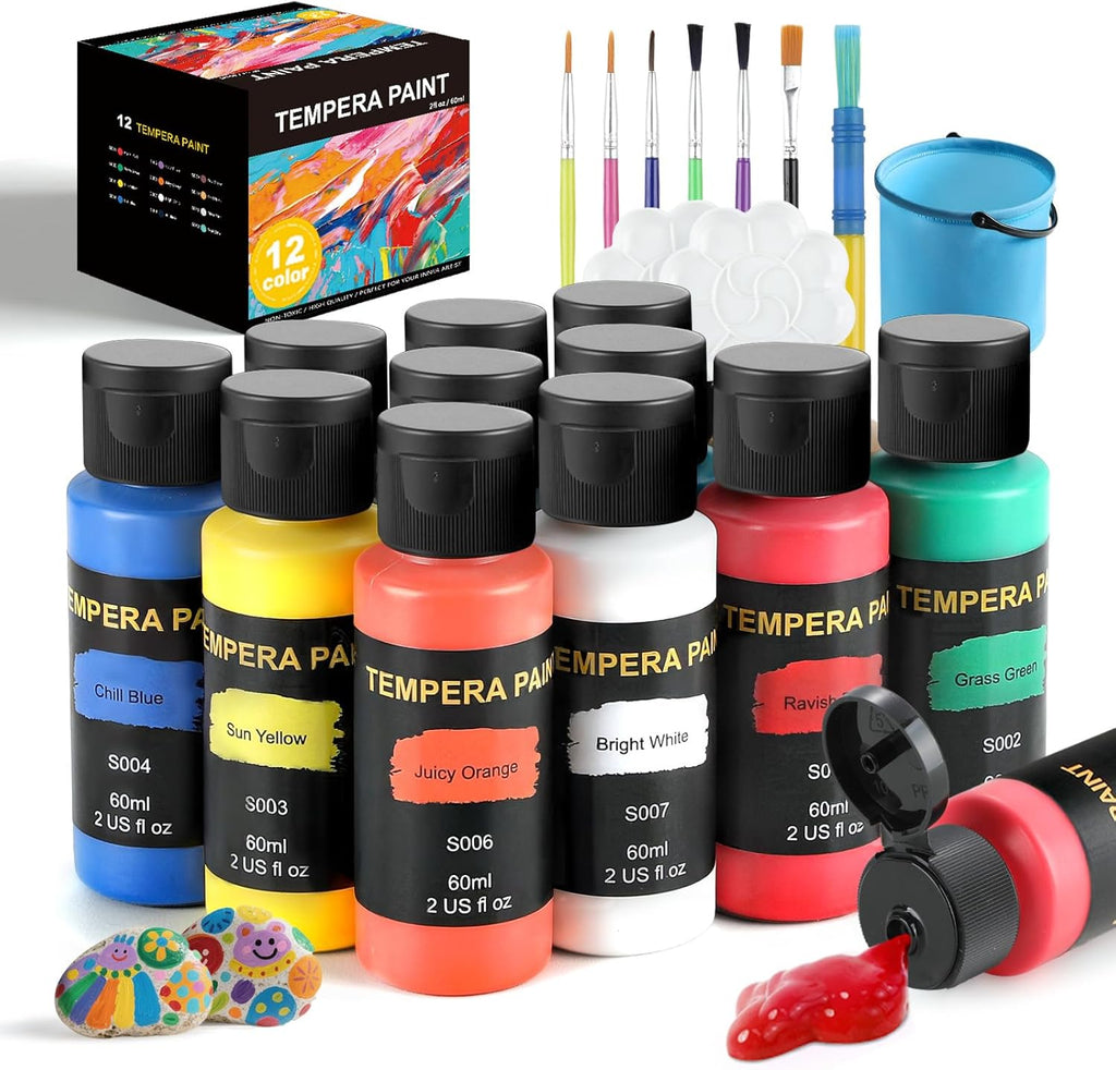 TMOL Washable Paint for Kids 12 Colors, Non-Toxic, Safe & Washable for Toddlers, Tempera Paint with Brushes, Palette & Bucket, School Project Art Supplies