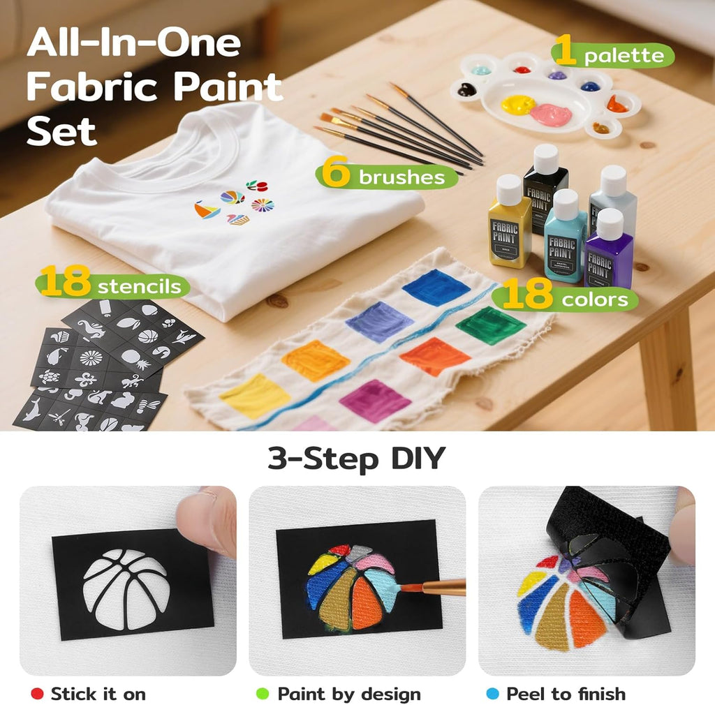 TMOL Fabric Paint Set - Permanent & Washer Safe, 18 Vibrant Colors, in Bottles (60ml/2oz), Non-Toxic Certified Fabric Paint with Brushes & Stencils, Textile Paint for Clothes, DIY Projects & Art
