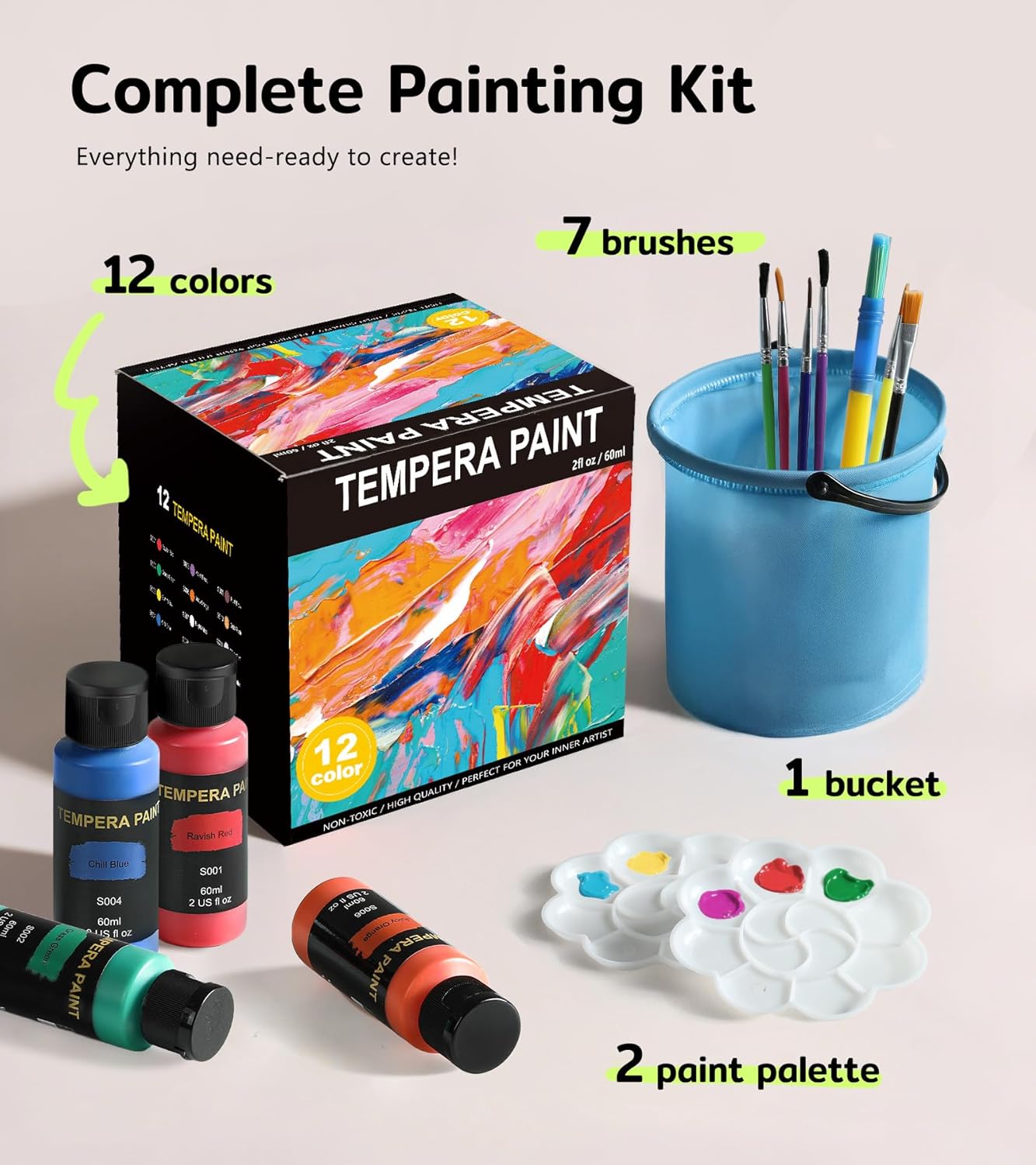 TMOL Washable Paint for Kids 12 Colors, Non-Toxic, Safe & Washable for Toddlers, Tempera Paint with Brushes, Palette & Bucket, School Project Art Supplies