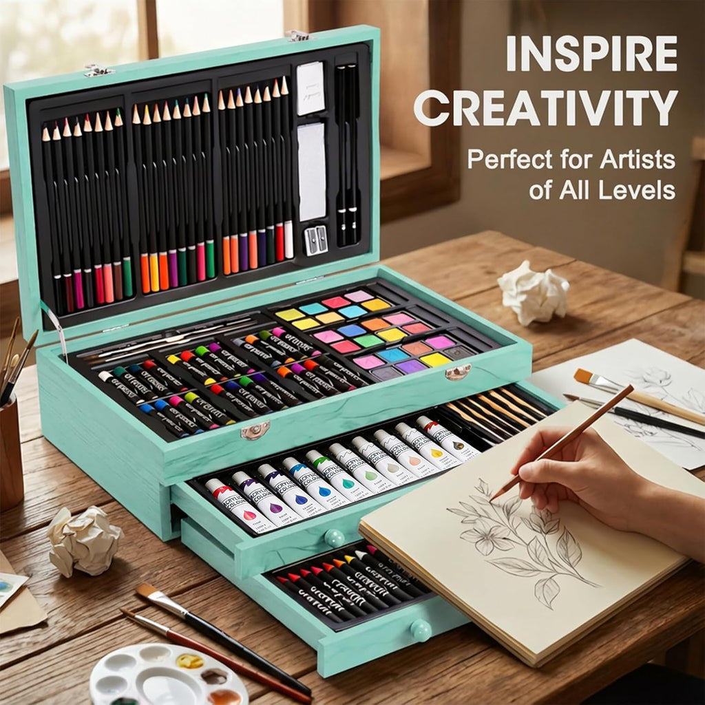 175-Pack Deluxe Wooden Art Set Drawing Painting Kit with 2 Drawing Pads, Acrylic Paints, Colored Pencils, Crayons, Paint Brush, Art Kit in Wooden Case, Gift for Artist, Adults, Teens and Kids