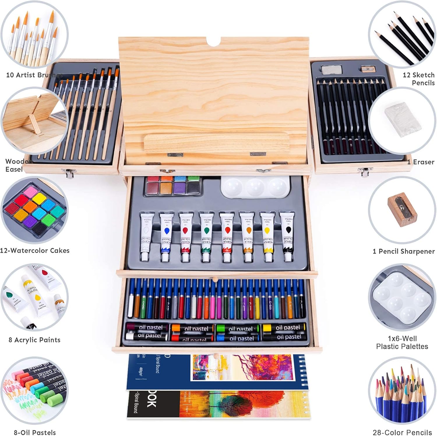 TMOL 85 Piece Deluxe Wooden Art Supplies, Art Kit with Easel, Sketching Pencils, Artist Brushes and Acrylic Pad, Art Set for Teens, Adults and Artist Beginners, Creative Gift with Wooden Case