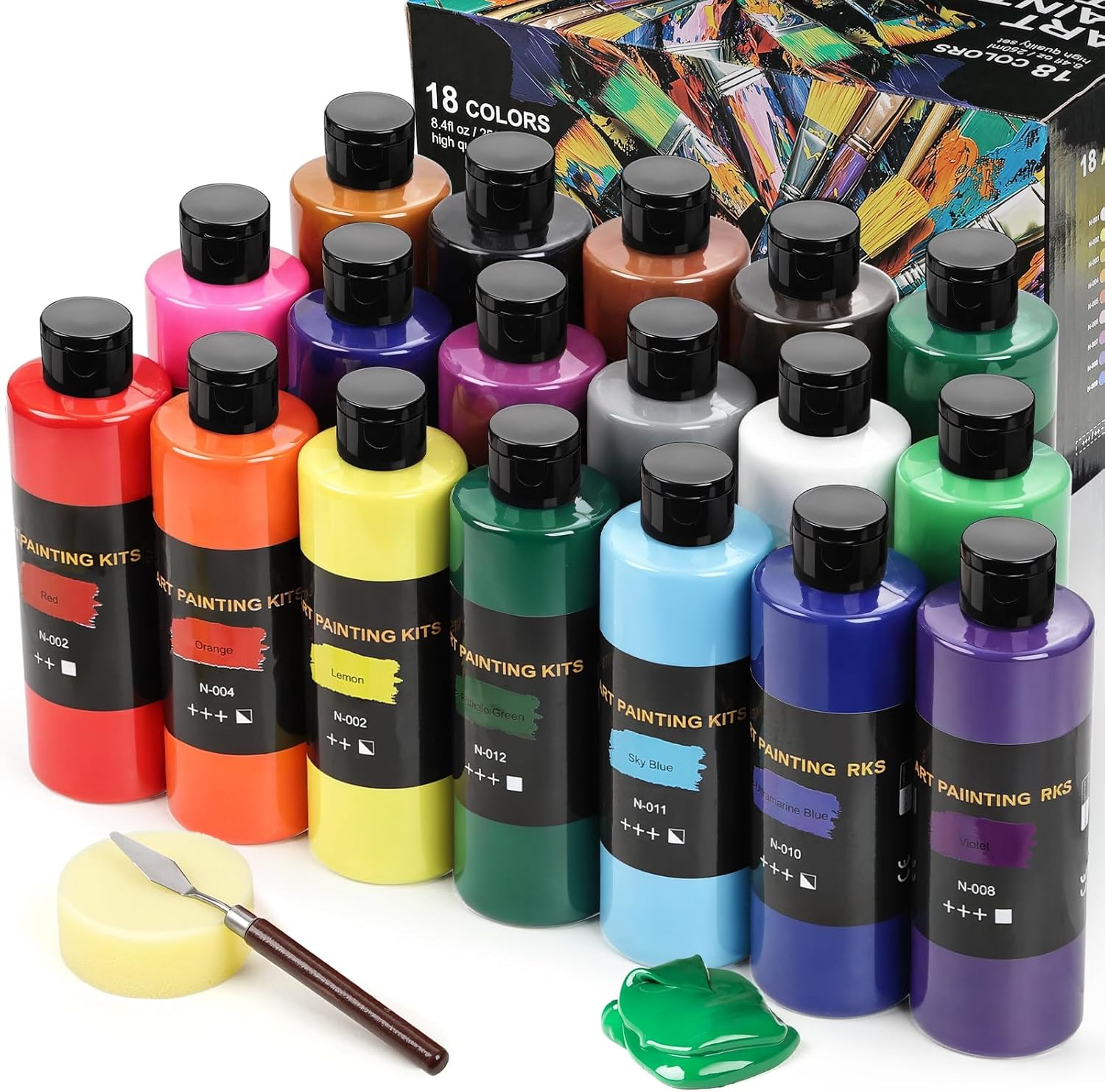 TMOL 18 Colors Acrylic Paint Set (250 ml/8.45 oz Large Bottles), Non-Toxic for Kids & Adults, Acrylic Paint Bulk on Wood, Glass, Ceramic, Art Painting Supplies with Palette Knife & Art Sponge