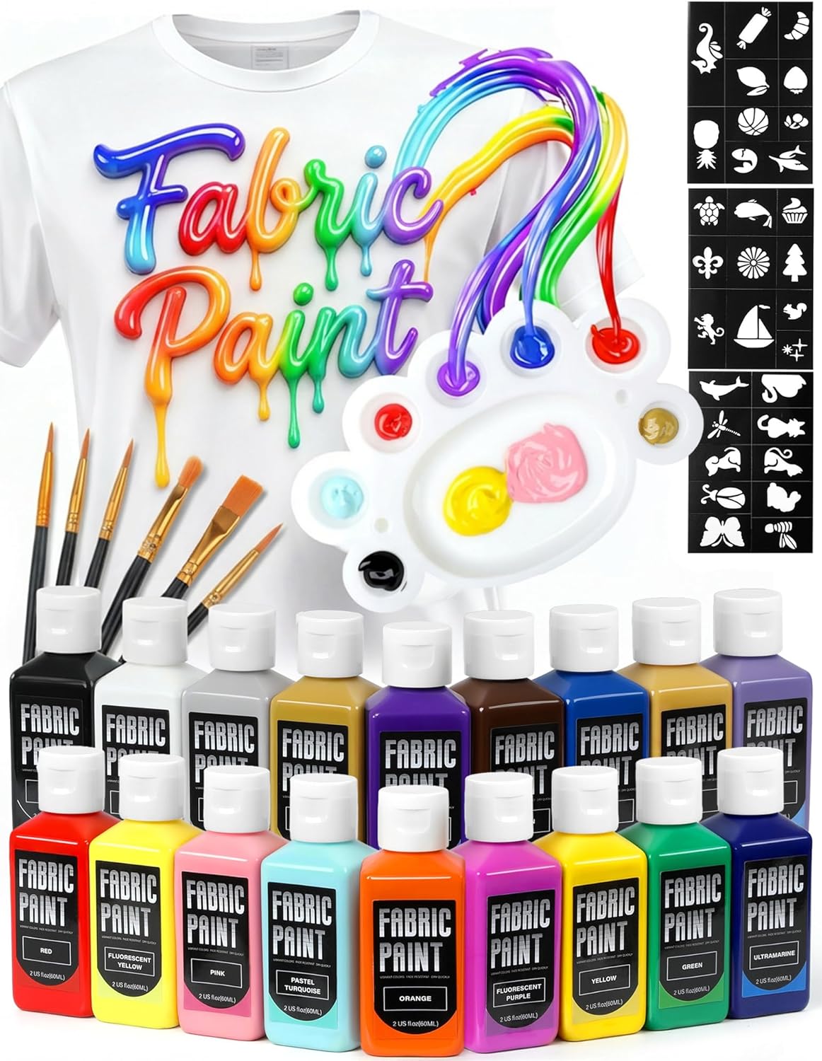 TMOL Fabric Paint Set - Permanent & Washer Safe, 18 Vibrant Colors, in Bottles (60ml/2oz), Non-Toxic Certified Fabric Paint with Brushes & Stencils, Textile Paint for Clothes, DIY Projects & Art