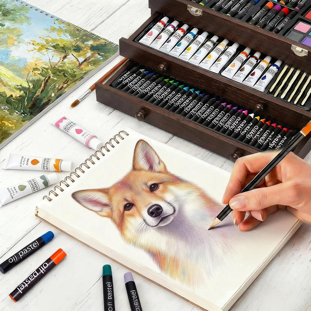 175-Pack Deluxe Wooden Art Set Drawing Painting Kit with 2 Drawing Pads, Acrylic Paints, Colored Pencils, Crayons, Paint Brush, Art Kit in Wooden Case, Gift for Artist, Adults, Teens and Kids