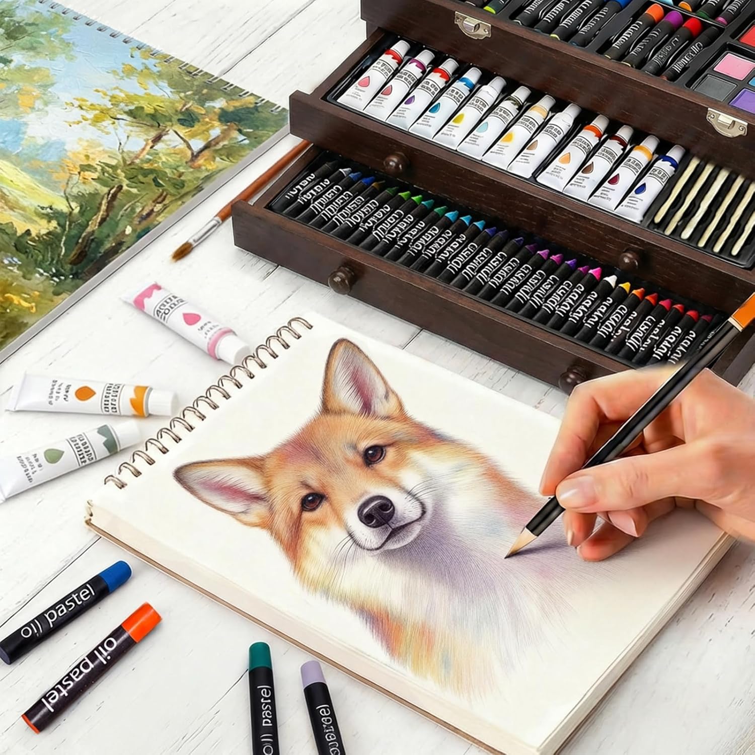 175-Pack Deluxe Wooden Art Set Drawing Painting Kit with 2 Drawing Pads, Acrylic Paints, Colored Pencils, Crayons, Paint Brush, Art Kit in Wooden Case, Gift for Artist, Adults, Teens and Kids