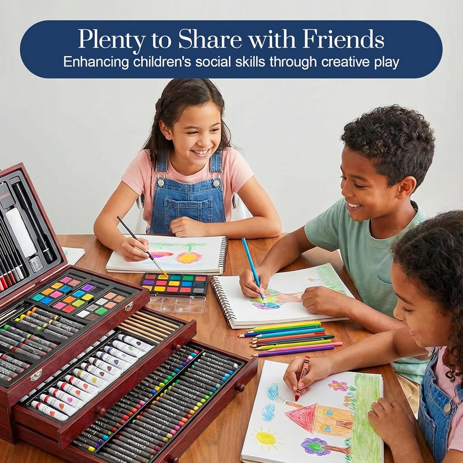 194 Piece Deluxe Art Set, Painting Drawing Art Supplies with 4 Drawing Pads, Acrylic Paints, Crayons, Colored Pencils Set in Wooden Case, Art Kit Gift Box for Kids, Teens, Adults, Artists, Beginners
