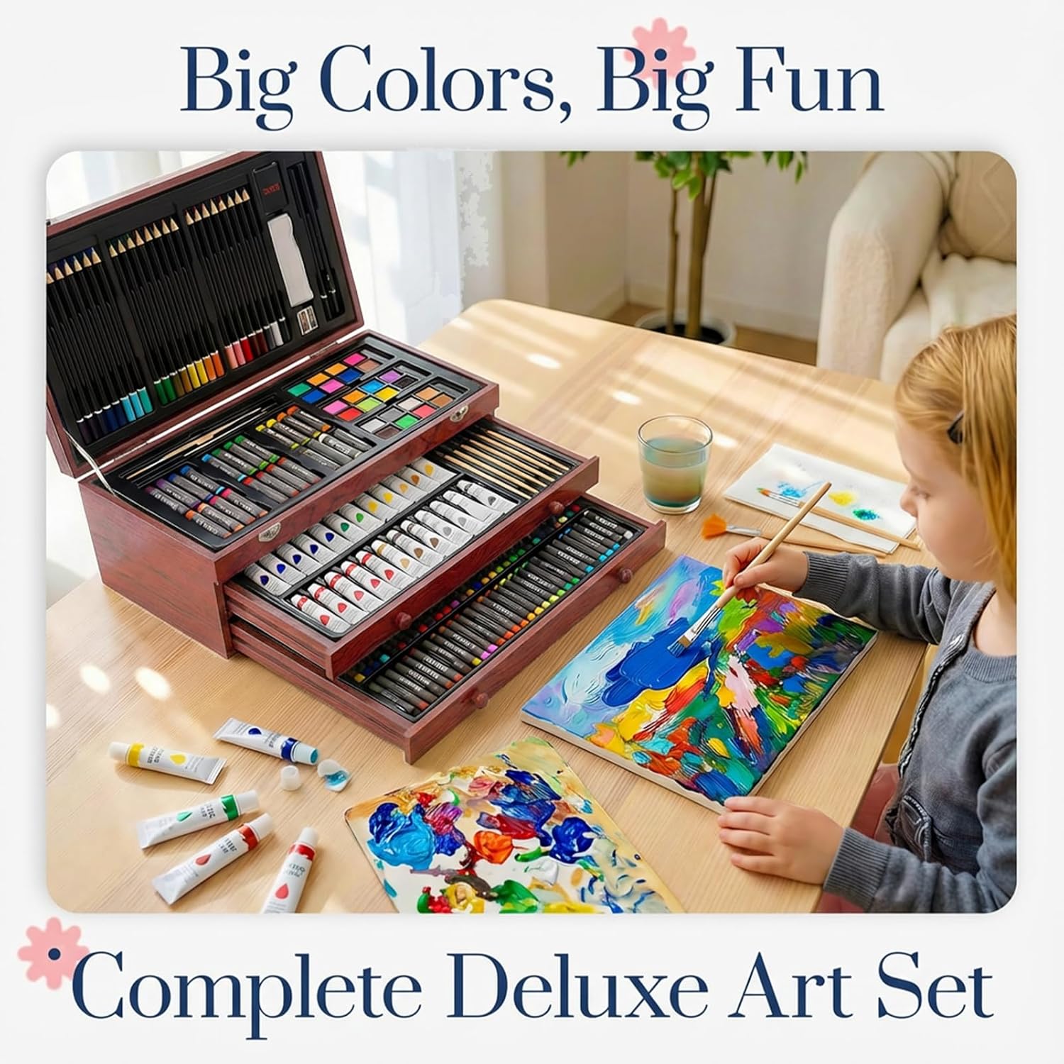 194 Piece Deluxe Art Set, Painting Drawing Art Supplies with 4 Drawing Pads, Acrylic Paints, Crayons, Colored Pencils Set in Wooden Case, Art Kit Gift Box for Kids, Teens, Adults, Artists, Beginners