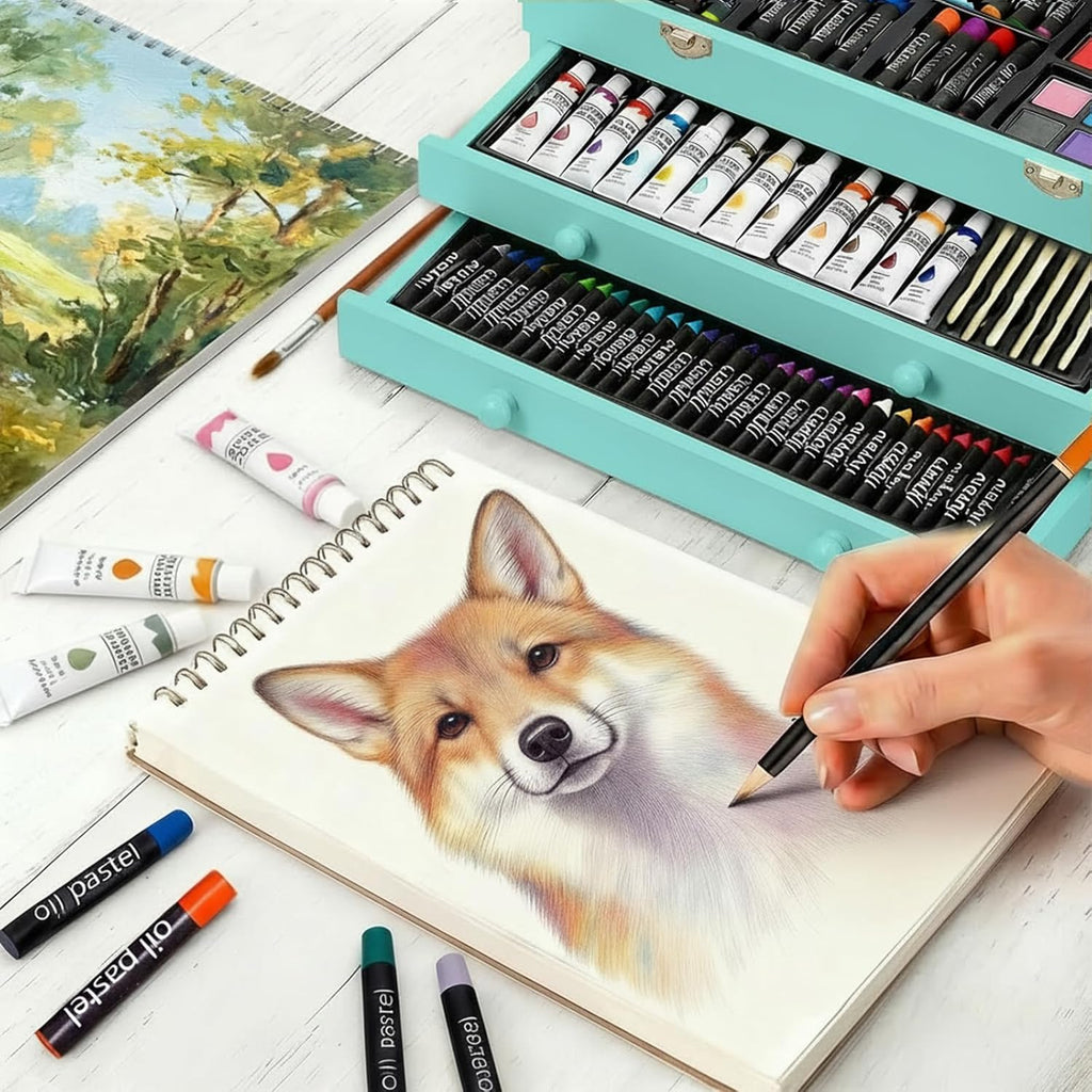 175-Pack Deluxe Wooden Art Set Drawing Painting Kit with 2 Drawing Pads, Acrylic Paints, Colored Pencils, Crayons, Paint Brush, Art Kit in Wooden Case, Gift for Artist, Adults, Teens and Kids