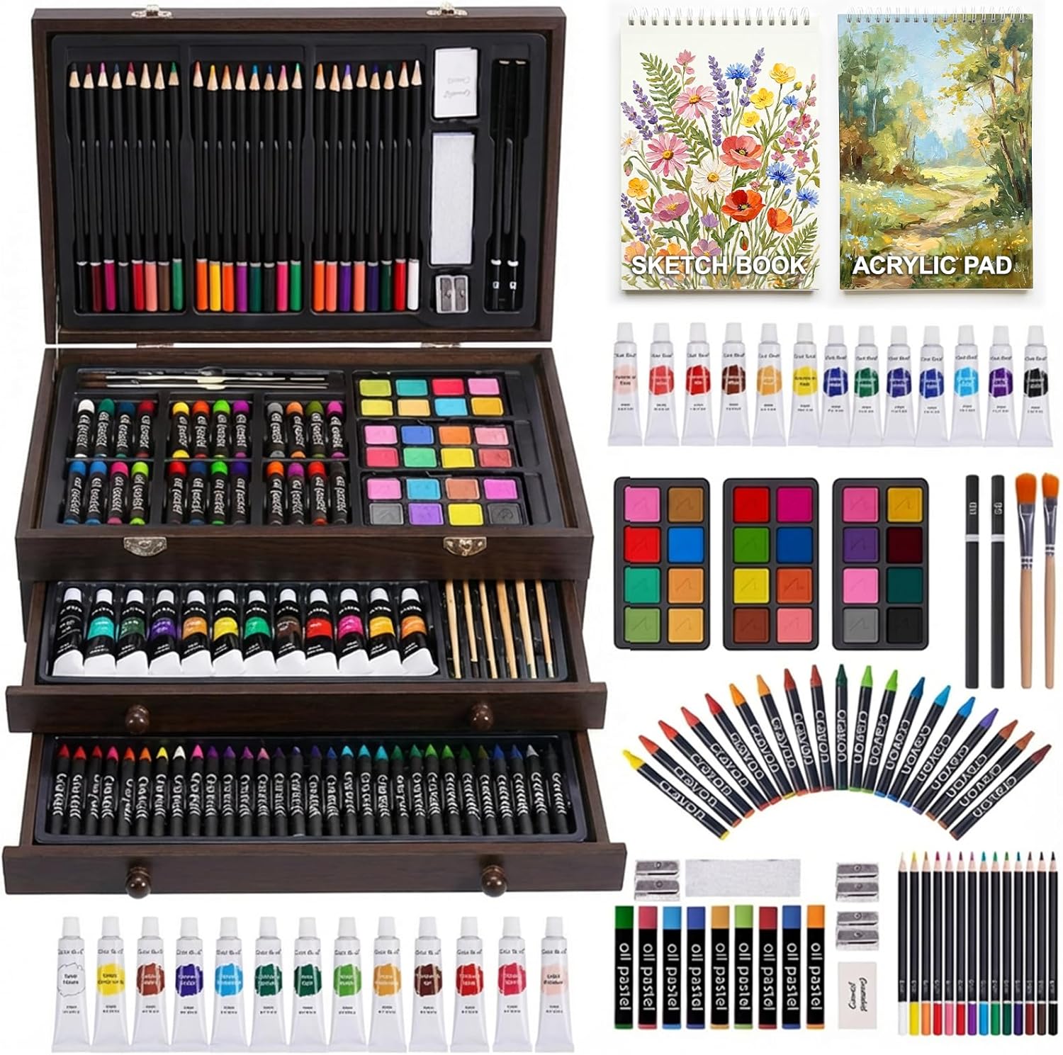 175-Pack Deluxe Wooden Art Set Drawing Painting Kit with 2 Drawing Pads, Acrylic Paints, Colored Pencils, Crayons, Paint Brush, Art Kit in Wooden Case, Gift for Artist, Adults, Teens and Kids