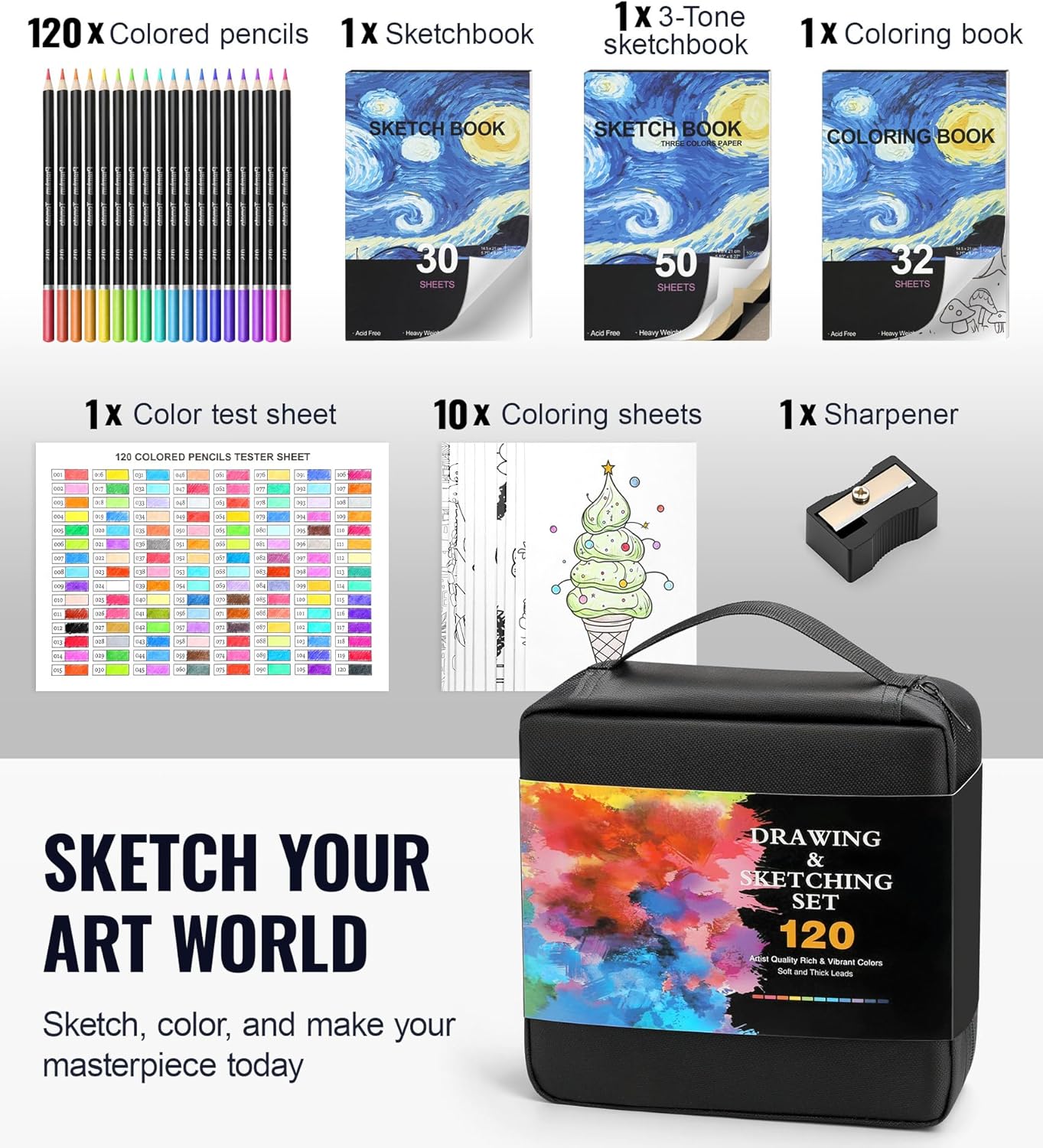 TMOL 120 Pack Colored Pencils for Adult Coloring Books, Soft Core Oil Based Color Pencils with Sketch Book, Color Book, Art Supplies with Zipper Case, Gifts for Kids, Artists, Professionals