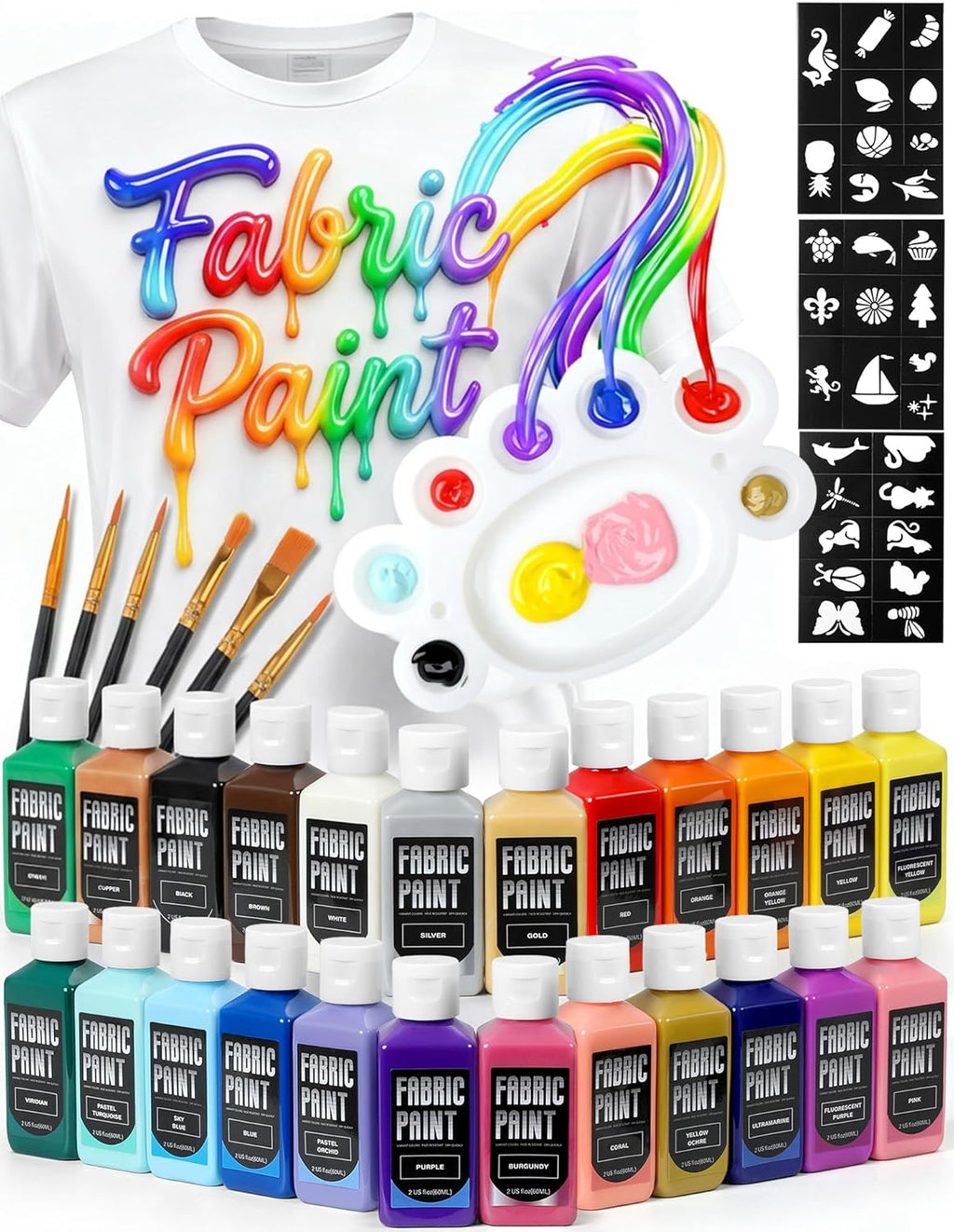 TMOL Fabric Paint Set - Permanent & Washer Safe, 24 Vibrant Colors, in Bottles (60ml/2oz), Non-Toxic Certified Fabric Paint with Brushes & Stencils, Textile Paint for Clothes, DIY Projects & Art