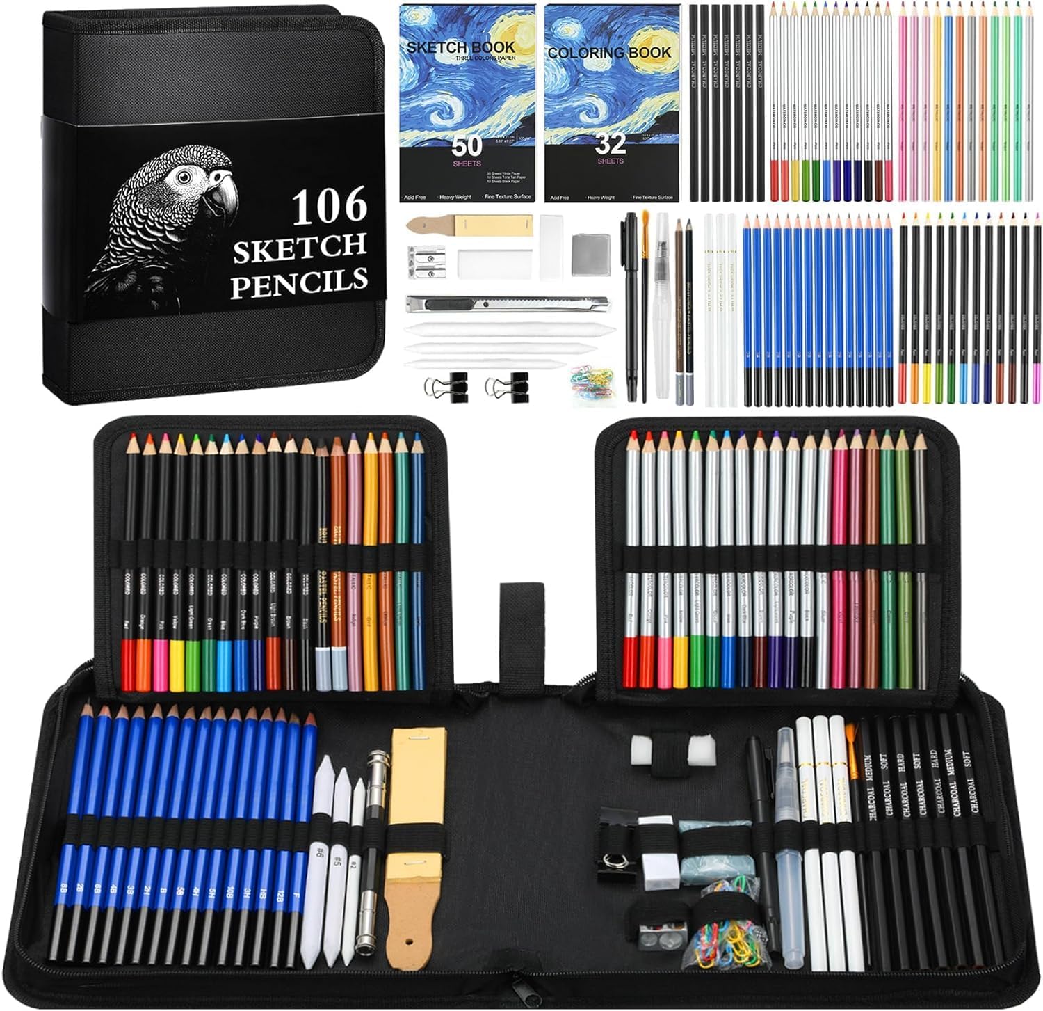 TMOL 106 Pack Art Supplies Sketching Kit with 3-Color Sketch Book, Coloring Book, Drawing Pencils with Graphite Colored Charcoal Watercolor & Metallic Pencils, Art Kit Gifts for Artist Adults Kid
