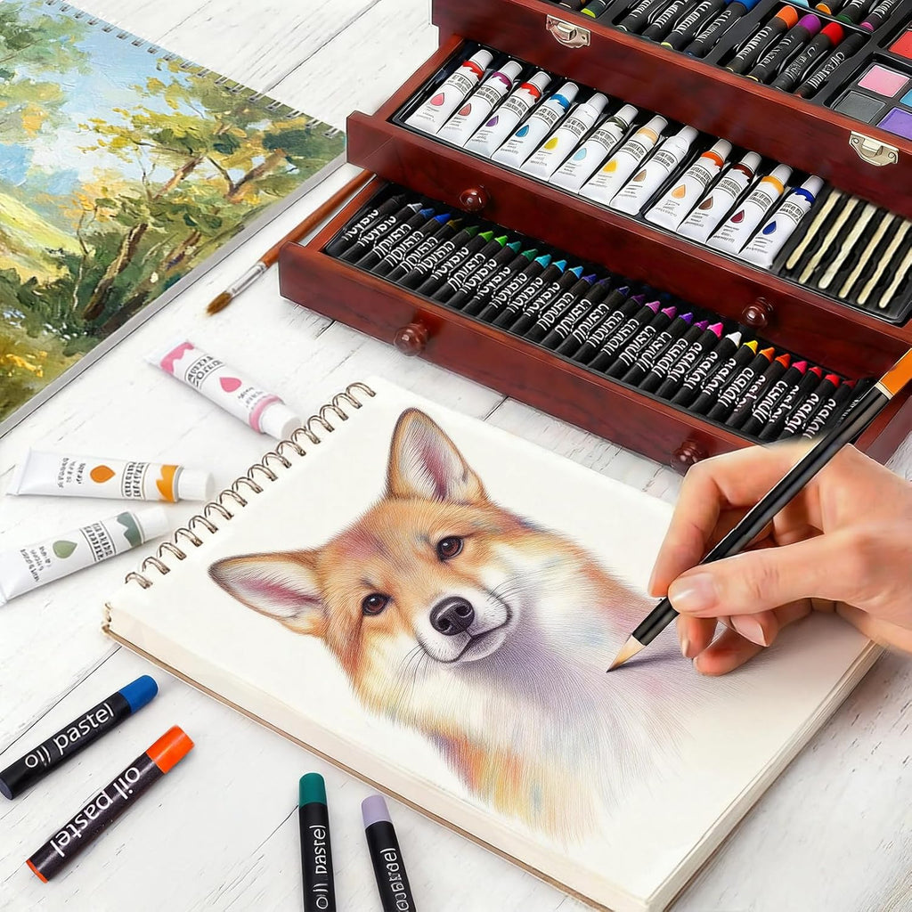 TMOL Art Supplies, 175-Pack Deluxe Art Set Drawing Painting Kit with 2 Drawing Pads, Acrylic Paints, Colored Pencils, Crayons, Art Kit in Wooden Case, Gift for Artist, Adults, Teens and Kids