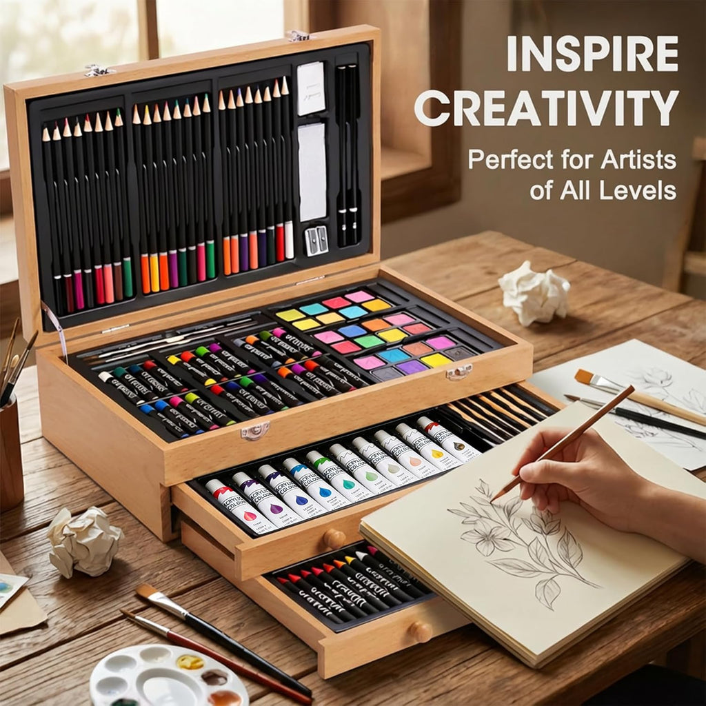 175-Pack Deluxe Wooden Art Set Drawing Painting Kit with 2 Drawing Pads, Acrylic Paints, Colored Pencils, Crayons, Paint Brush, Art Kit in Wooden Case, Gift for Artist, Adults, Teens and Kids