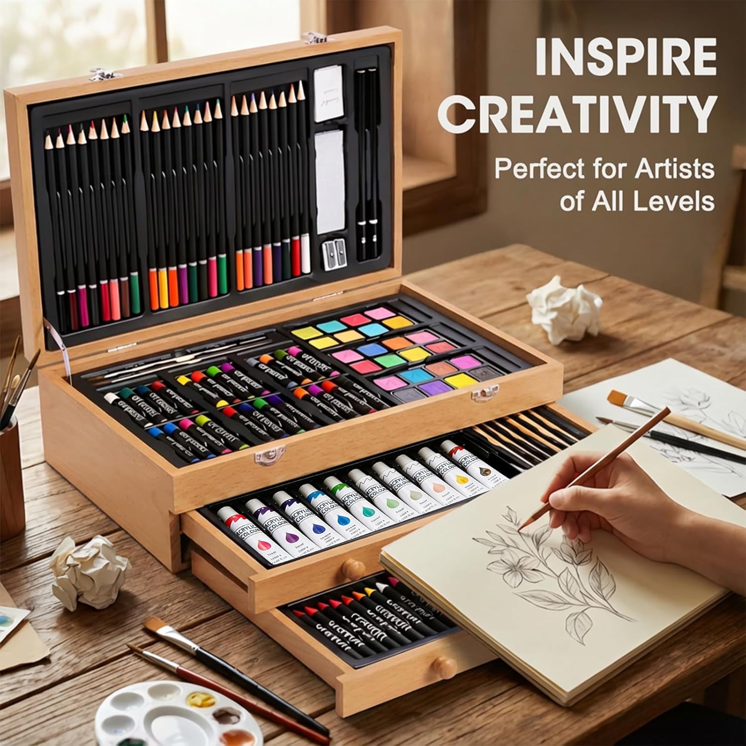 175-Pack Deluxe Wooden Art Set Drawing Painting Kit with 2 Drawing Pads, Acrylic Paints, Colored Pencils, Crayons, Paint Brush, Art Kit in Wooden Case, Gift for Artist, Adults, Teens and Kids