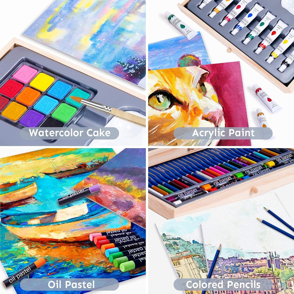 TMOL 85 Piece Deluxe Wooden Art Supplies, Art Kit with Easel, Sketching Pencils, Artist Brushes and Acrylic Pad, Art Set for Teens, Adults and Artist Beginners, Creative Gift with Wooden Case