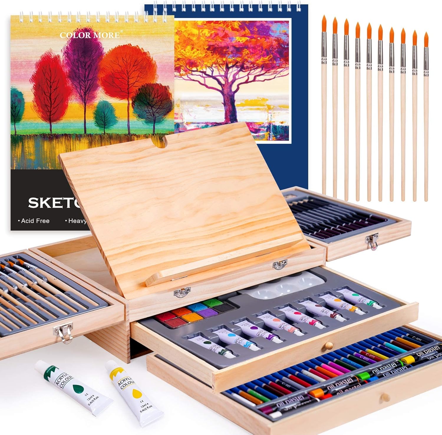 TMOL 85 Piece Deluxe Wooden Art Supplies, Art Kit with Easel, Sketching Pencils, Artist Brushes and Acrylic Pad, Art Set for Teens, Adults and Artist Beginners, Creative Gift with Wooden Case