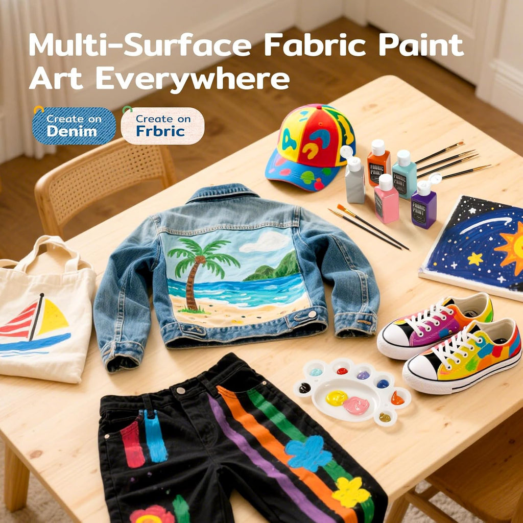 TMOL Fabric Paint Set - Permanent & Washer Safe, 24 Vibrant Colors, in Bottles (60ml/2oz), Non-Toxic Certified Fabric Paint with Brushes & Stencils, Textile Paint for Clothes, DIY Projects & Art