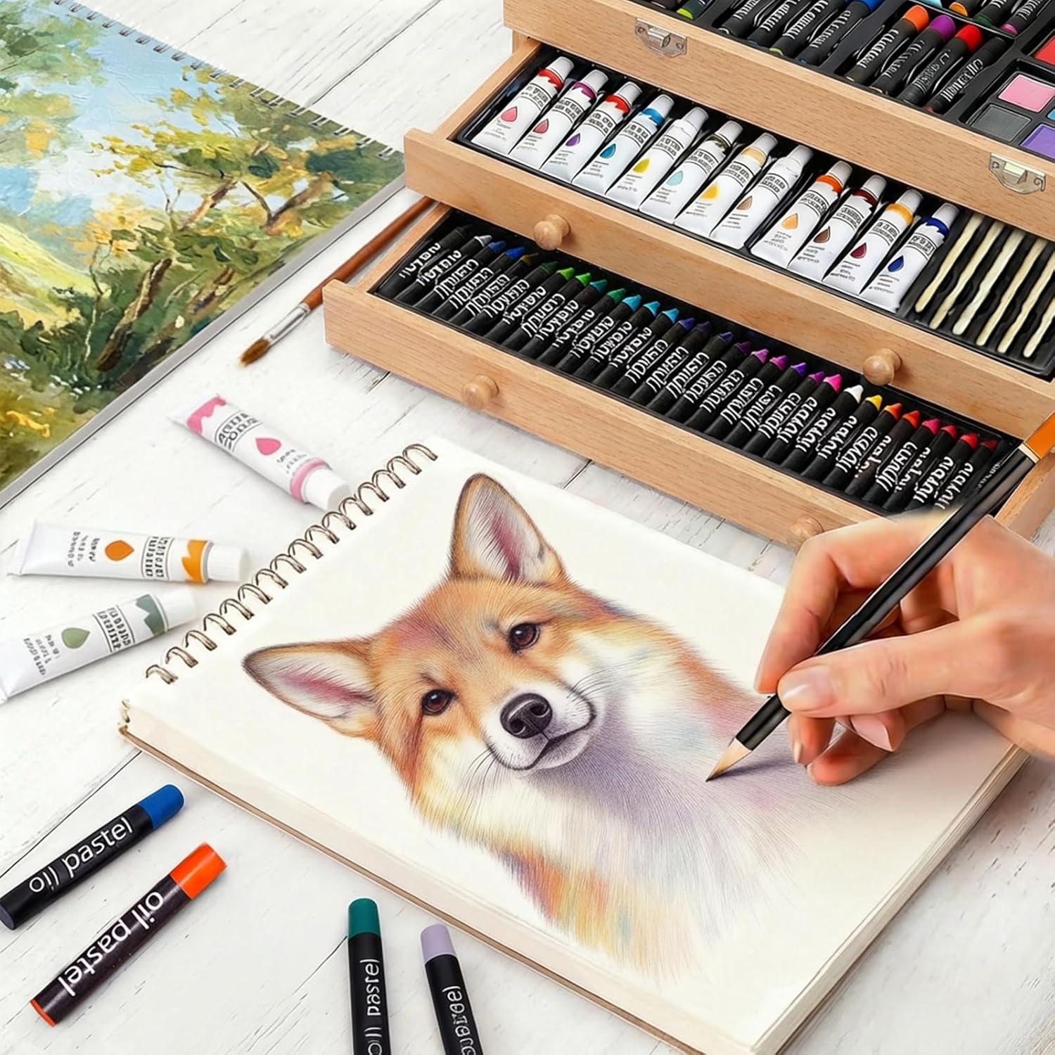 175-Pack Deluxe Wooden Art Set Drawing Painting Kit with 2 Drawing Pads, Acrylic Paints, Colored Pencils, Crayons, Paint Brush, Art Kit in Wooden Case, Gift for Artist, Adults, Teens and Kids