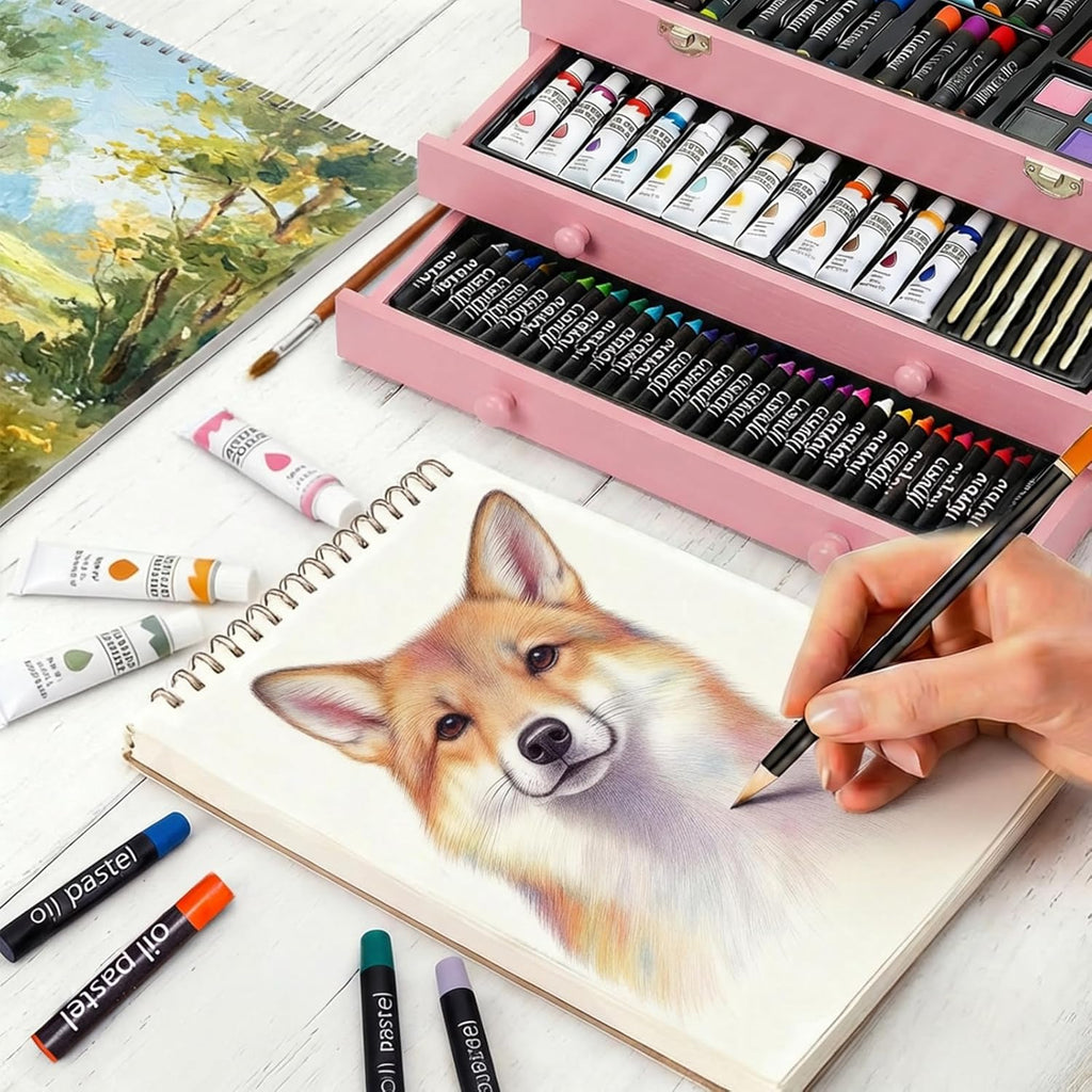 175-Pack Deluxe Wooden Art Set Drawing Painting Kit with 2 Drawing Pads, Acrylic Paints, Colored Pencils, Crayons, Paint Brush, Art Kit in Wooden Case, Gift for Artist, Adults, Teens and Kids